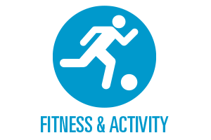 Icon of person running behind soccer ball with fitness and activity label underneath