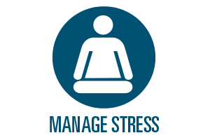 Icon of person sitting with legs crossed with Manage Stress logo underneath