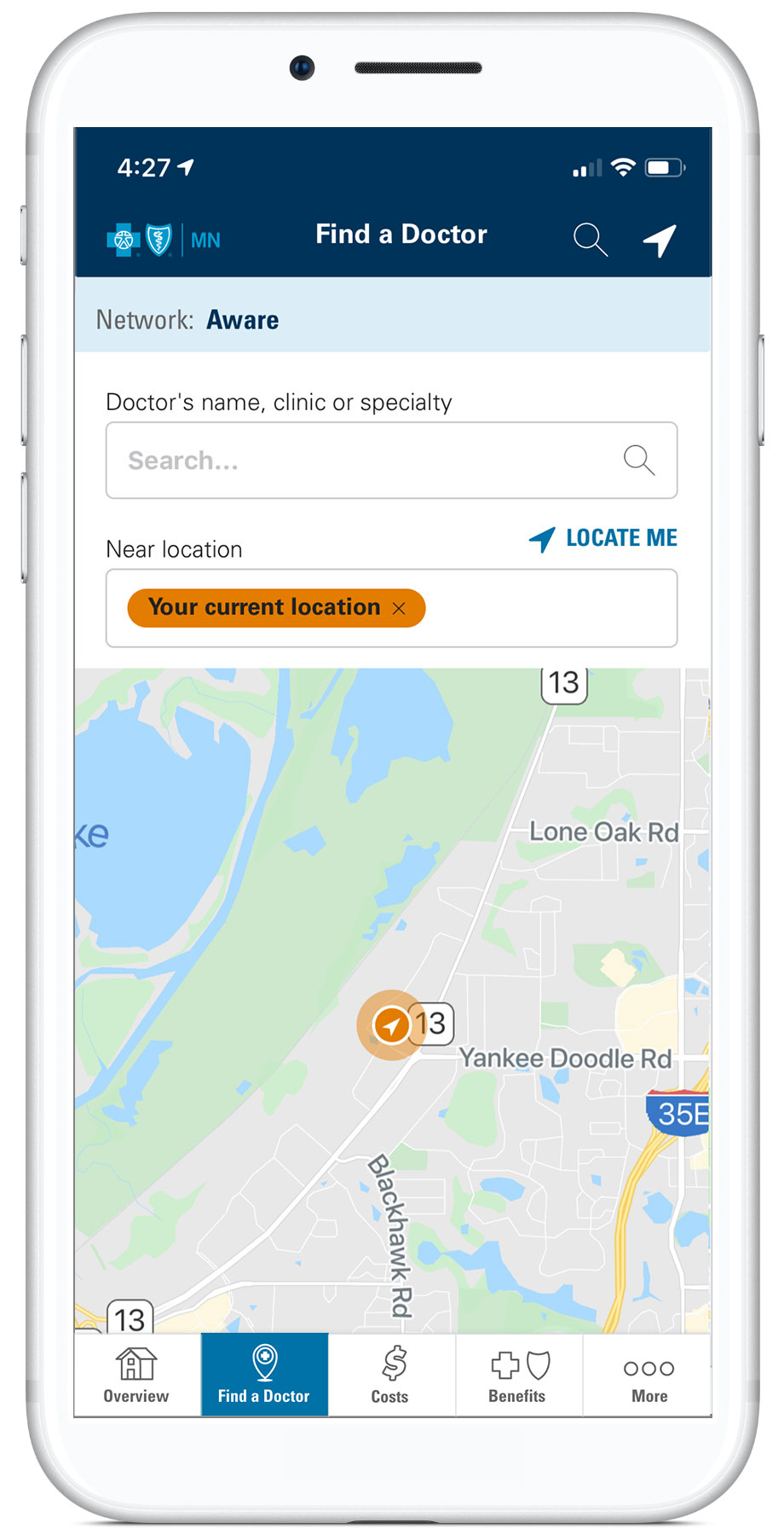 Member app Find a Doctor screen