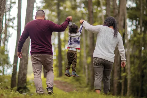 two adults lifting a child by the hands between them, hiking outdoors, facing away from camera