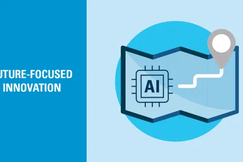 Future-Focused Innovation illustration - A map with "AI" on it