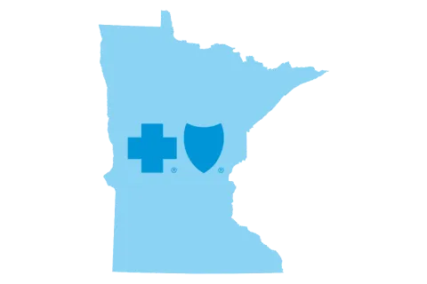 Light blue state of Minnesota outline with the Blue Cross Blue Shield icons in the center