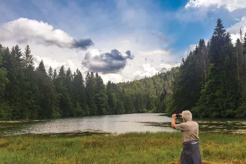 A man snaps a photo of a nature scene.