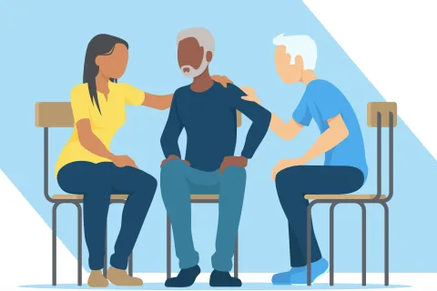 Rendering of a man being comforted by a man and a woman.