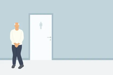 Rendering of a man outside a restroom