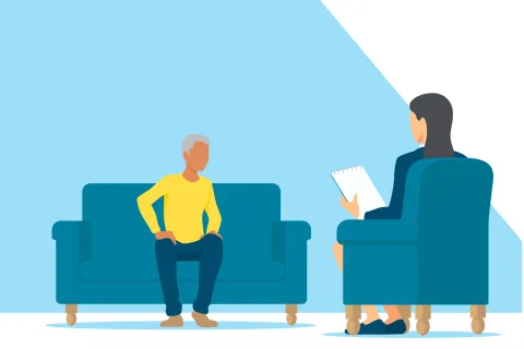 two people have a discussion. 