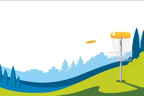 A rendering of a group playing disk golf.