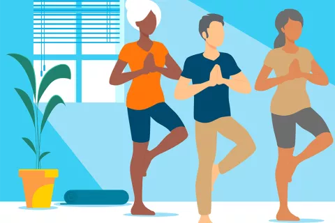 A rendering of a group practicing yoga.