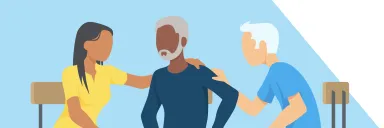 Rendering of a man being comforted by a man and a woman.