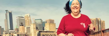 Claudia running on bridge