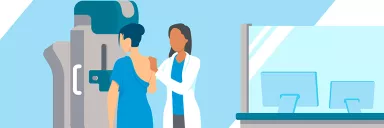 Woman receives a mammogram.